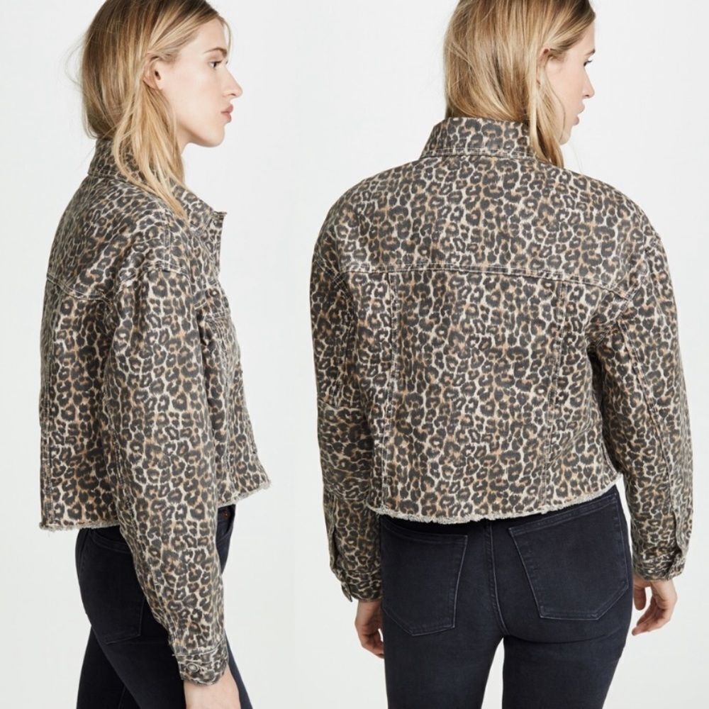 Free People Cropped Cheetah Print Denim Jacket Size M - Picture 4 of 15